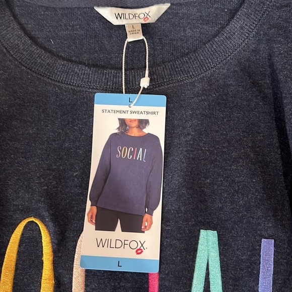 NEW Wildfox Social Spell Out Navy Blue Statement Sweatshirt Large - Picture 7 of 12